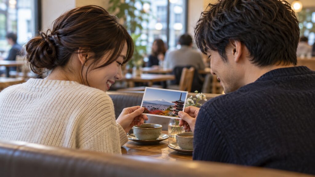 カフェで共有する写真を選ぶ2人