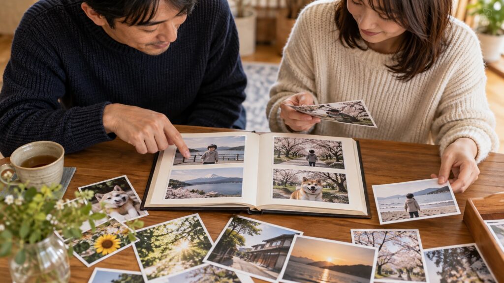 共有してよい写真を相談しながら分ける手元