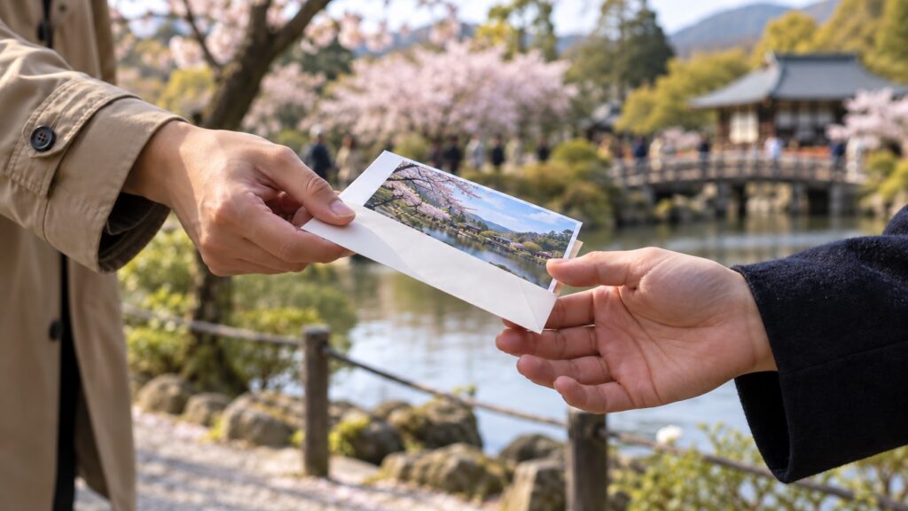 写真の入った封筒を特定の相手へ手渡す様子