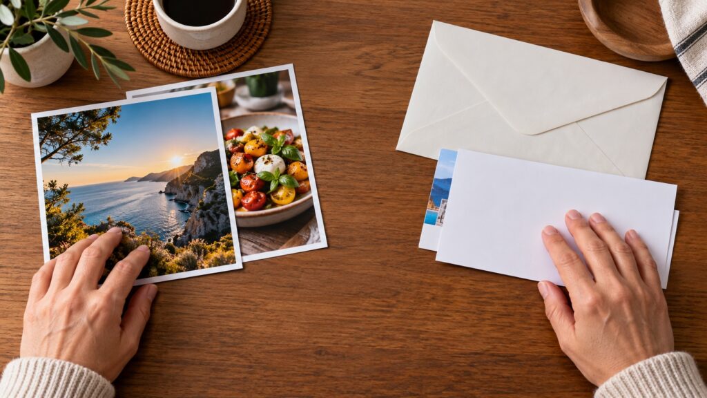 共有する風景写真と個人情報のある資料を分けた机