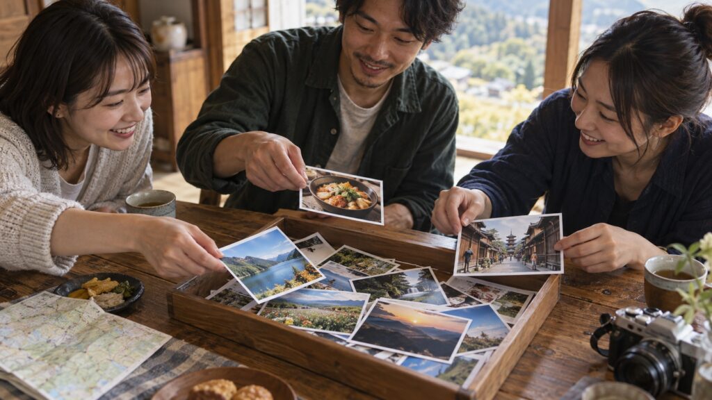 旅行で撮った写真を1枚ずつ持ち寄る3人