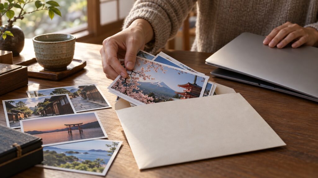 必要な写真を封筒に残して共有作業を終える手元