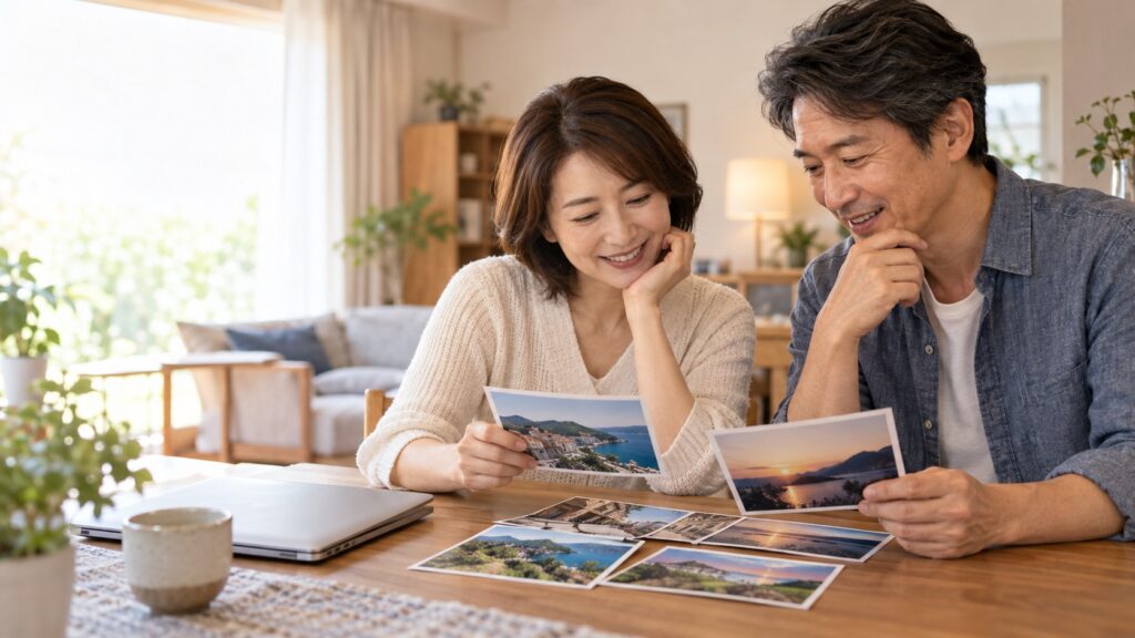 旅行の写真を一緒に選ぶカップル