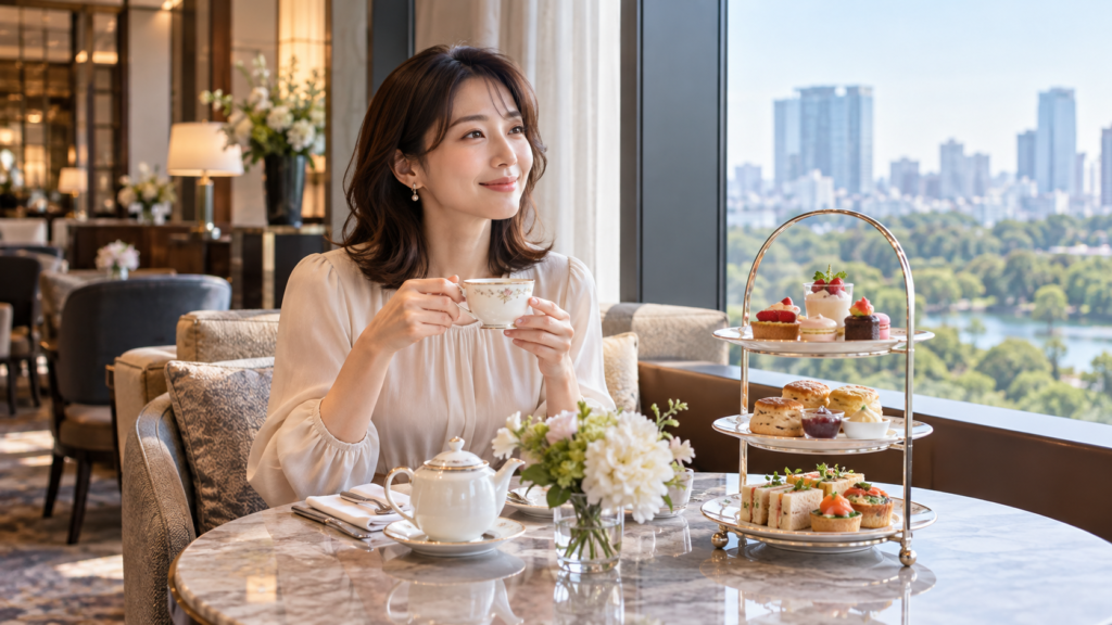 一人でホテルラウンジのアフタヌーンティーを楽しむ女性