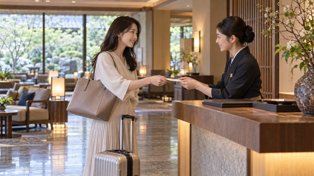 ラウンジの入口で予約についてスタッフへ伝える一人の客