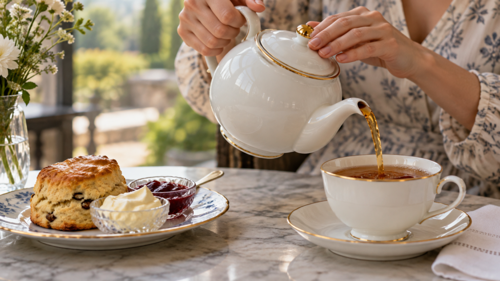 ティーポットから一客のカップへ紅茶を注ぐ手元