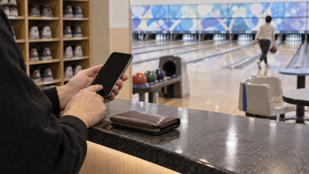 貸靴棚のある受付でスマホと財布を用意する手元
