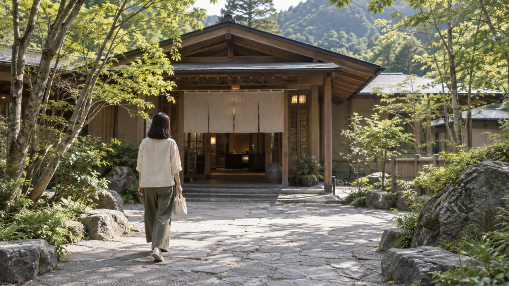 木々に囲まれた日帰り温泉の入口へ一人で向かう成人