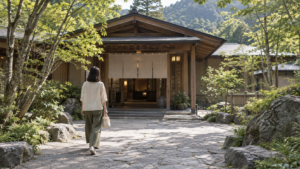 木々に囲まれた日帰り温泉の入口へ一人で向かう成人