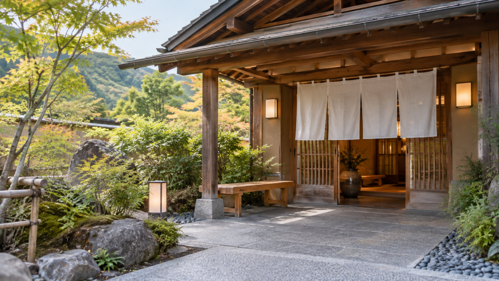 温泉施設の玄関と休憩用の椅子