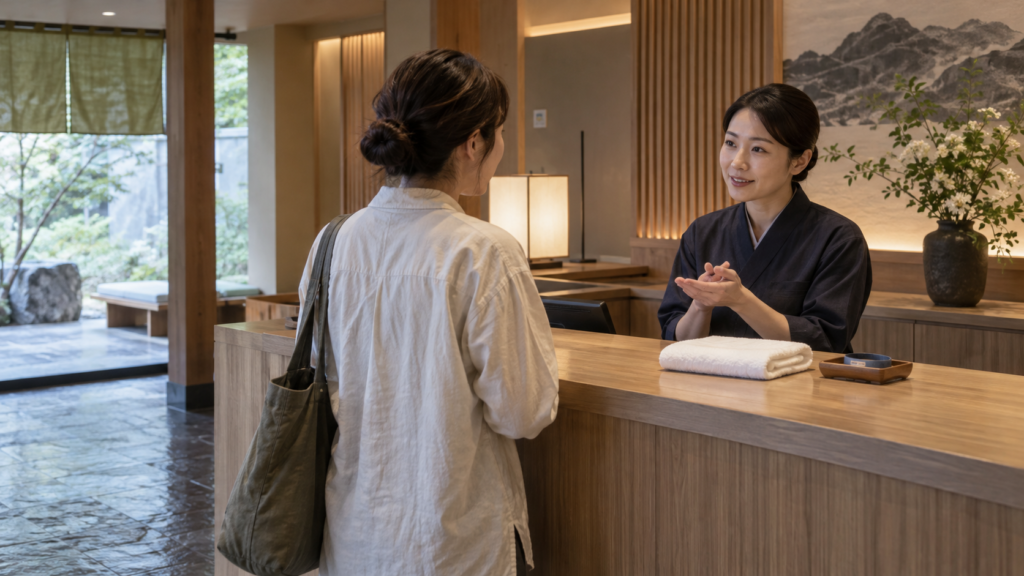 温泉の受付で案内を聞く一人の利用者