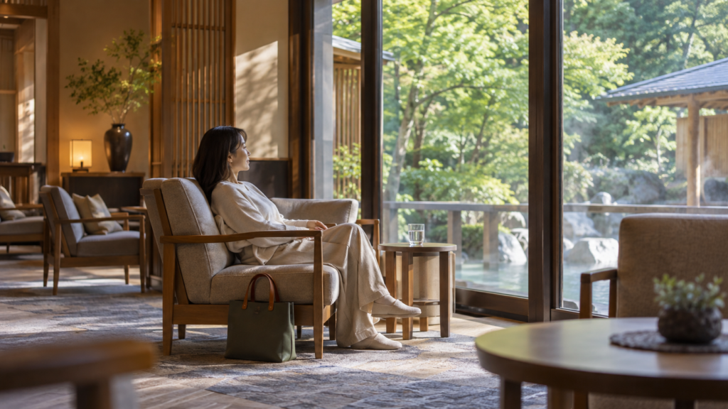 湯上がりに静かに休憩する一人の成人