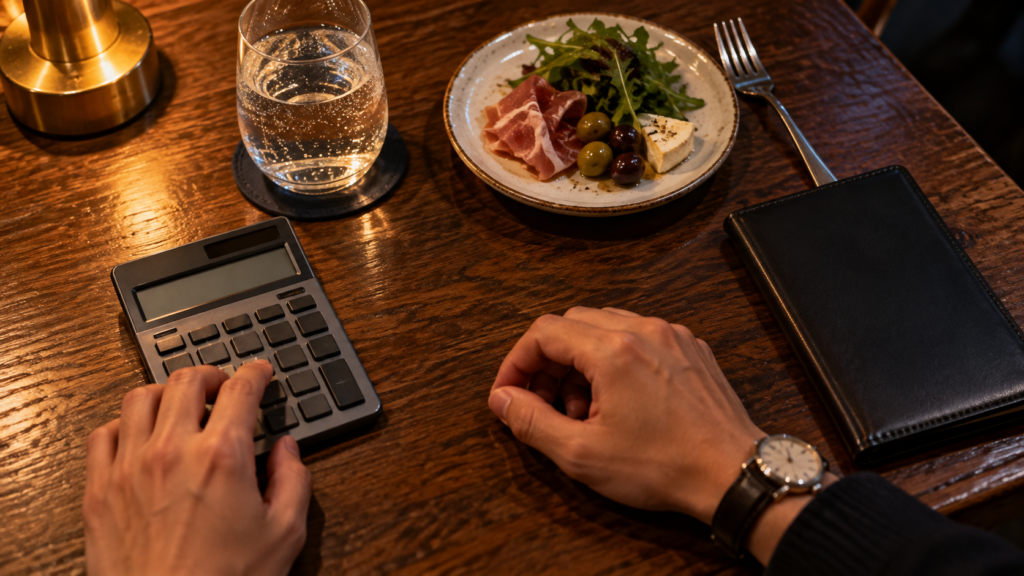 飲食と会計の内訳を確認する電卓と飲み物