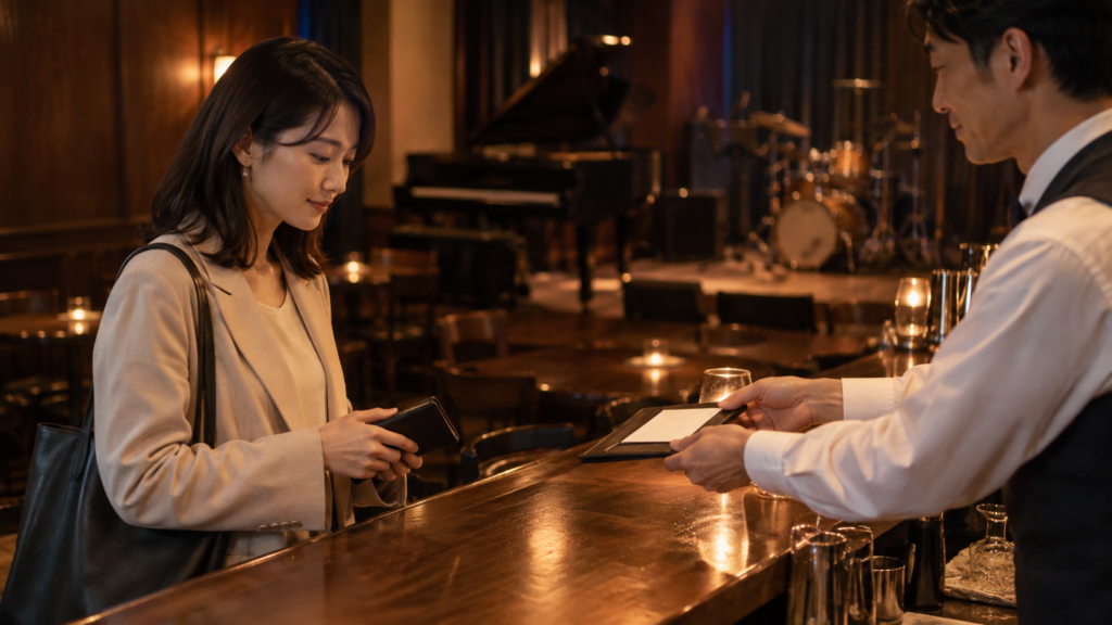 カウンターで会計する一人客のイメージ