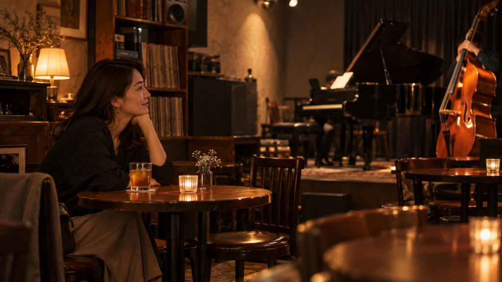 ジャズの生演奏を一人で聴く成人女性のイメージ