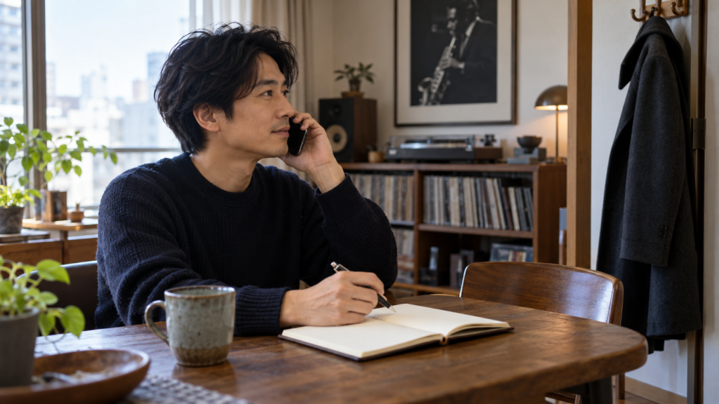 自宅から電話で予約条件を確認する成人男性