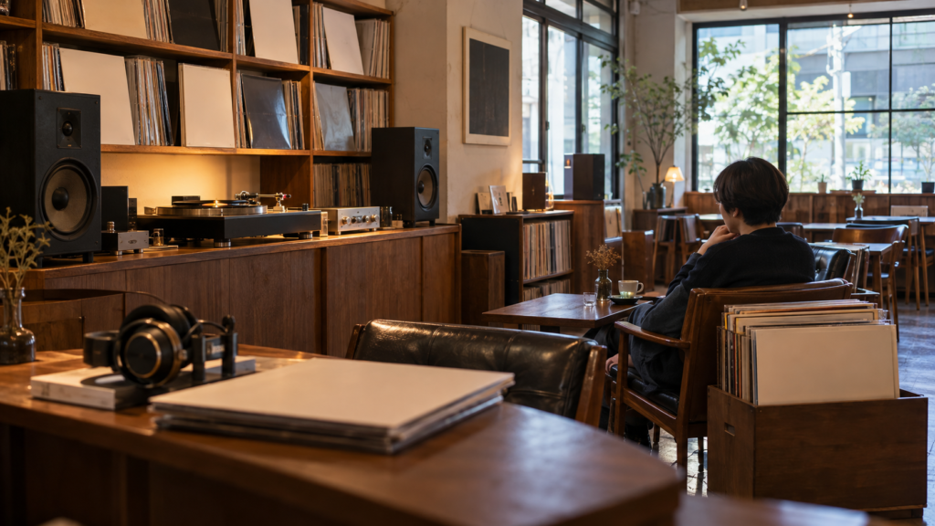 レコードを流す店内と一人で音楽を聴く客のイメージ