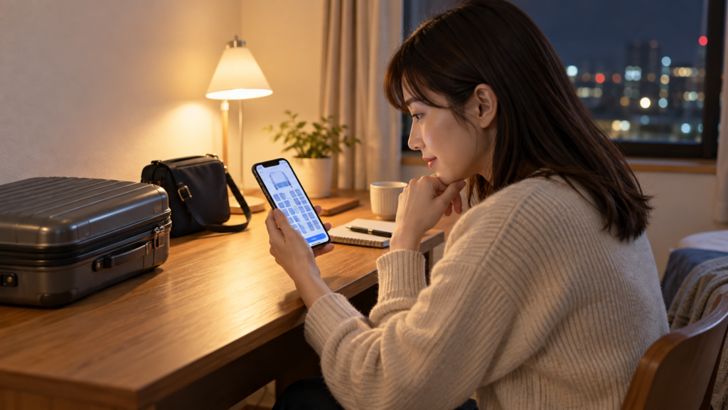 夜行バスの予約前にスマートフォンと手元バッグを確認する人のイメージ