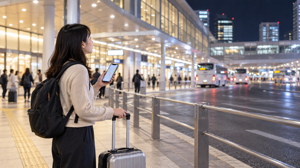 夜行バスの乗り場周辺で地図と位置を確かめる一人の旅行者のイメージ