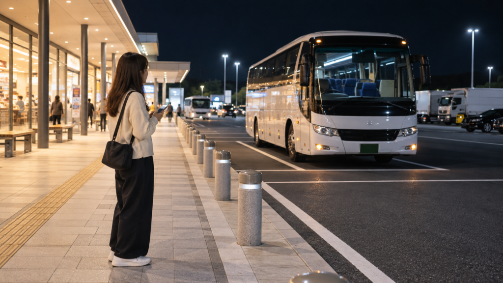 休憩先の安全な歩道から乗ってきたバスの駐車位置を確認するイメージ