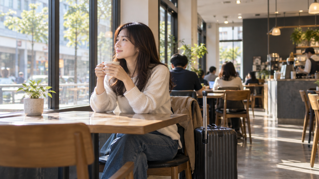 早朝到着後に荷物をそばに置いてカフェで休む旅行者のイメージ