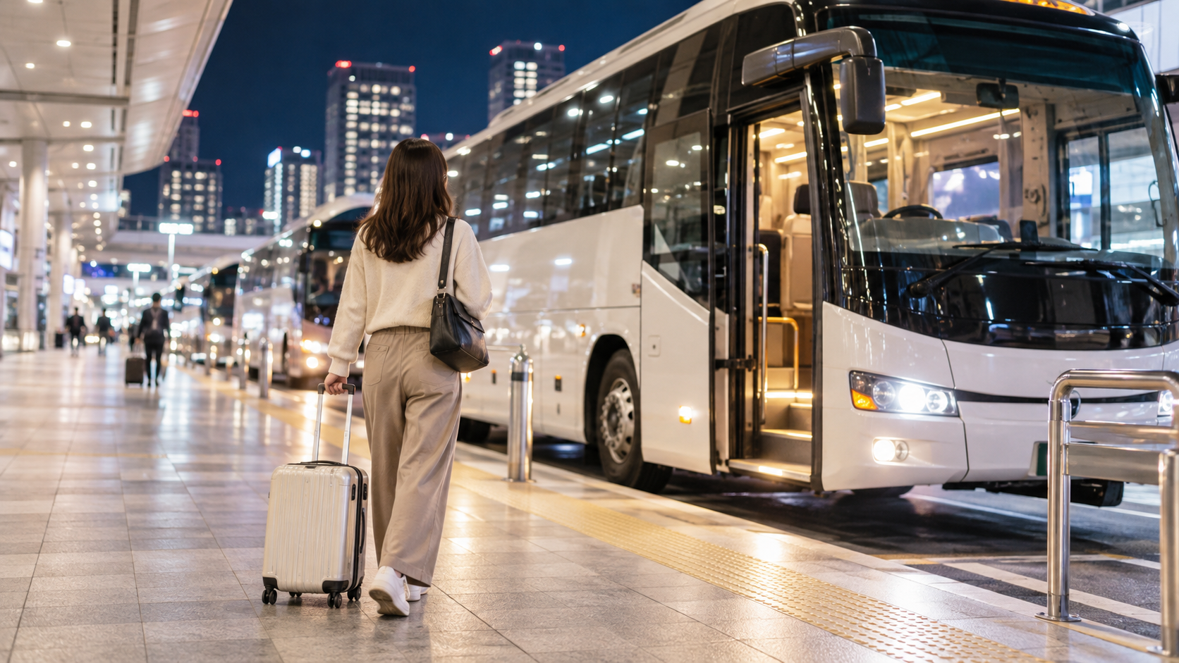 夜のバスターミナルで一人で夜行バスへ向かう旅行者のイメージ