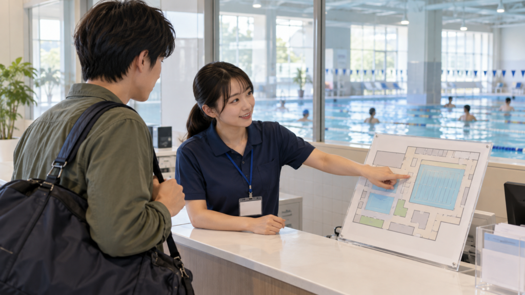 屋内プールの受付でスタッフに利用方法を尋ねる成人