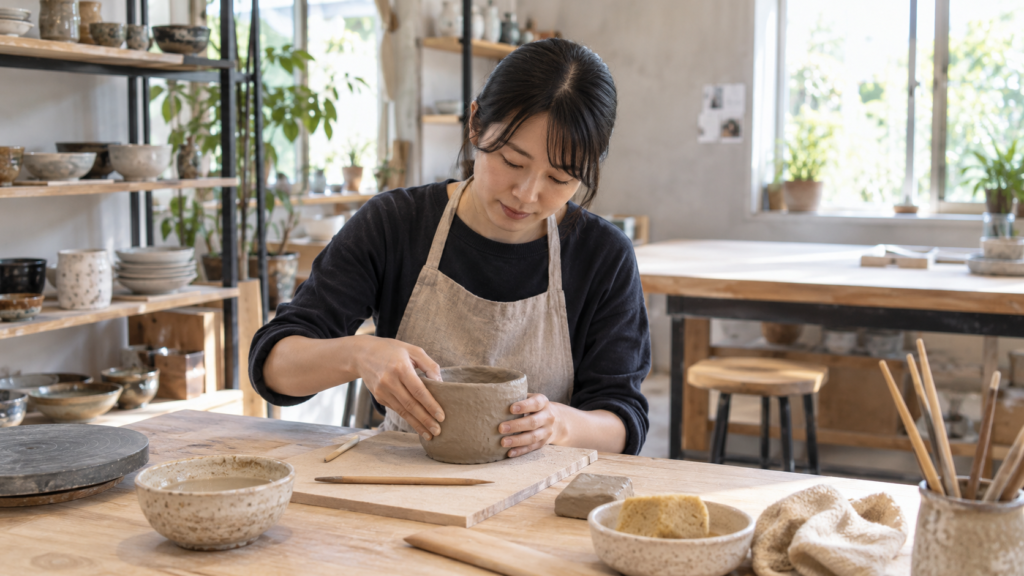 一人参加者の作業席に粘土と手びねり道具を置いた陶芸工房