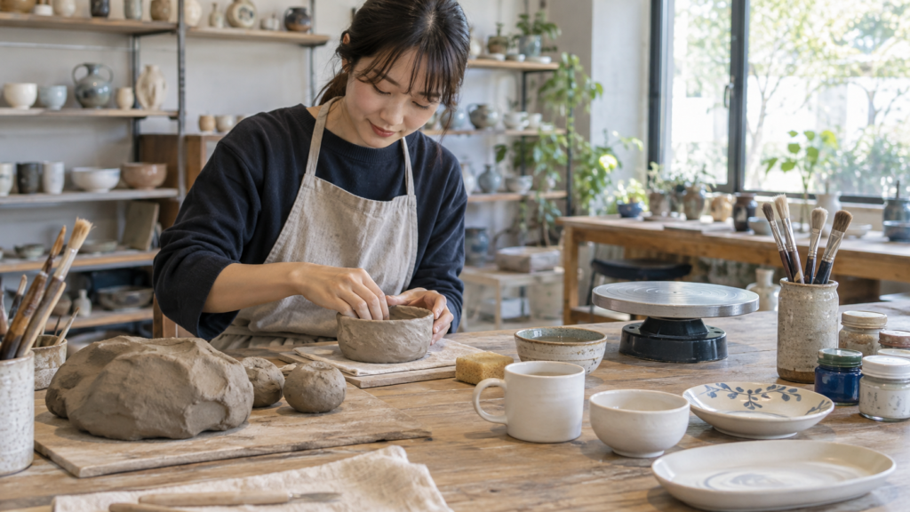 作業台に並んだ手びねり用の粘土、小型ろくろ、絵付け用の器と筆
