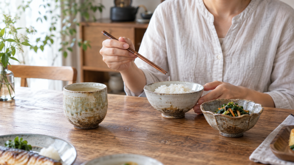 食卓に並んだ取っ手のない湯呑、ご飯茶碗、小鉢