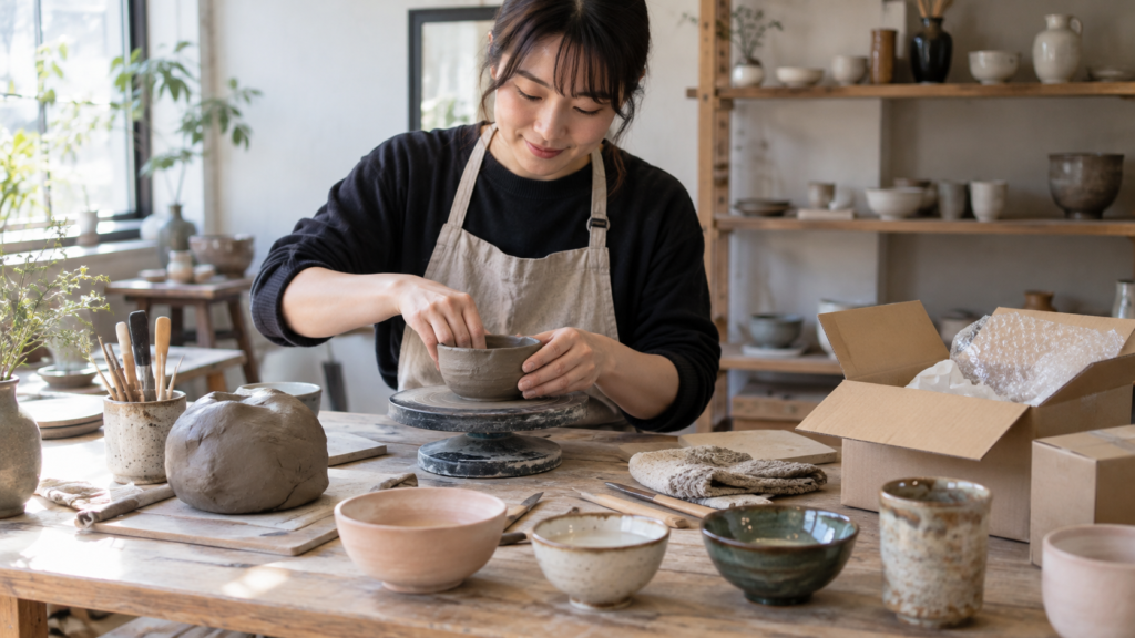 粘土と素地、完成した小鉢、作品発送用の箱を並べた机