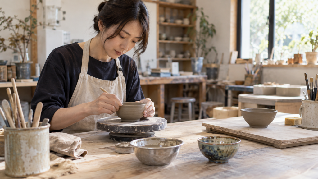 乾燥中の小鉢と釉薬で仕上がった小鉢を置いた工房の作業台