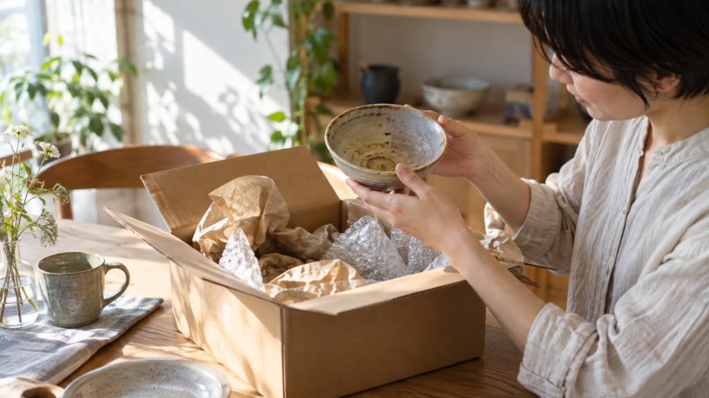 配送箱を開けて届いた小鉢の縁と状態を確認する手元