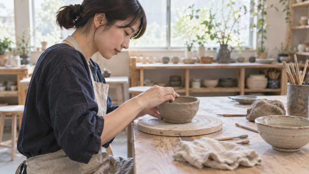 一人で陶芸工房の机に座り小鉢を手びねりする成人