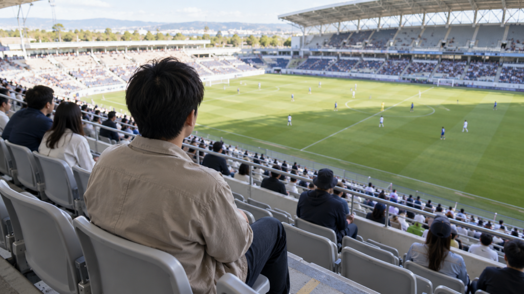 サッカースタジアムの座席から一人でピッチを眺める成人のイメージ