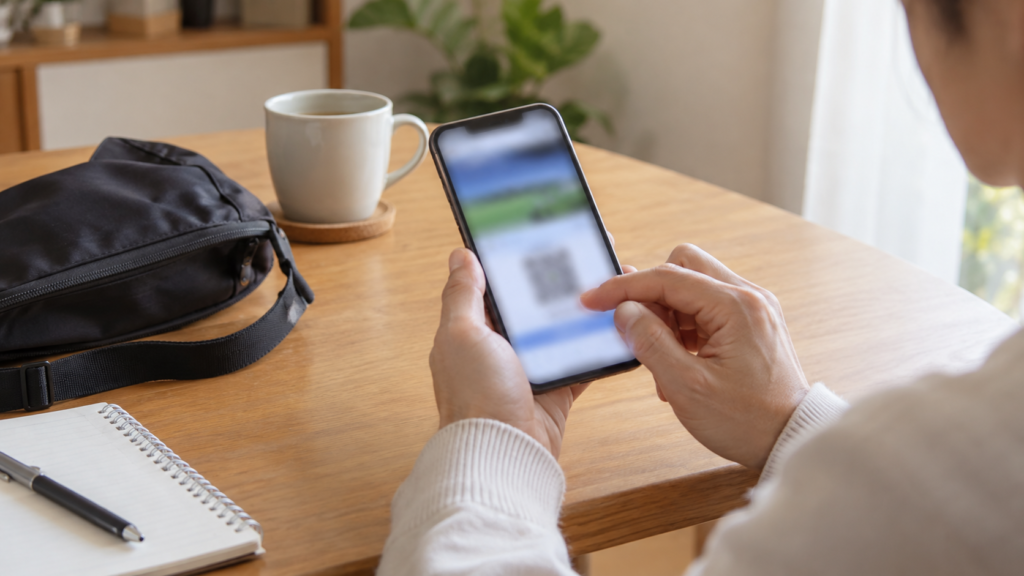 自宅でスマートフォンのチケット情報を確認する手元のイメージ