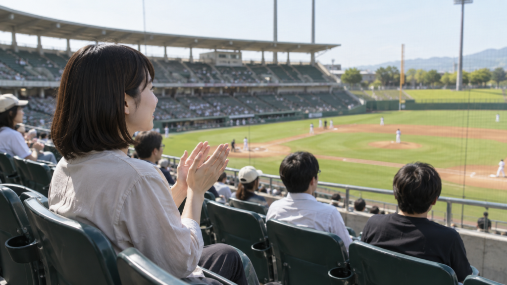 野球場の内野席で座ったまま拍手する観客のイメージ