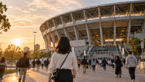 スポーツスタジアムへ一人で向かう成人のイメージ