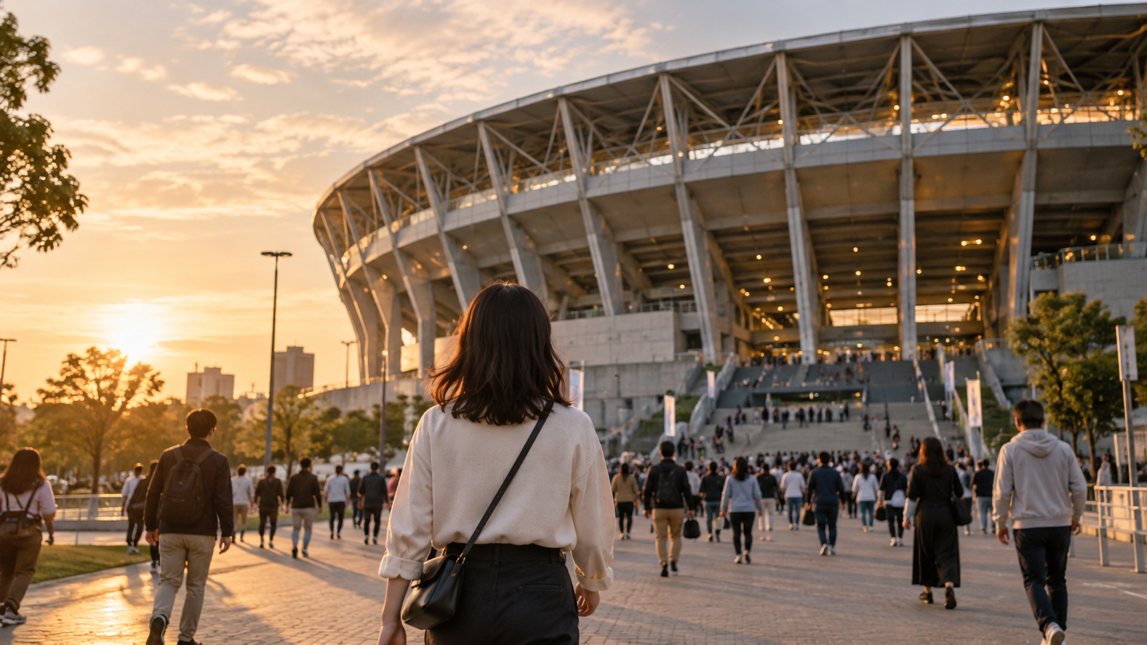 スポーツスタジアムへ一人で向かう成人のイメージ