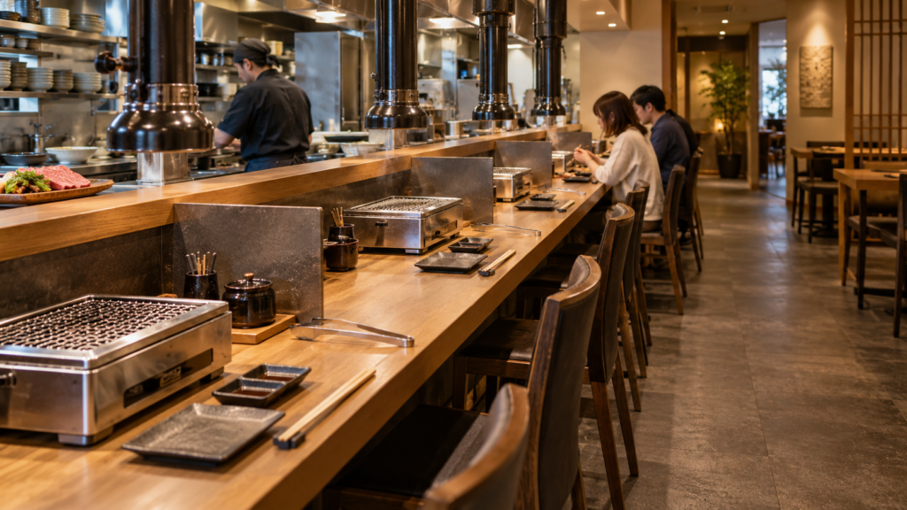 一人用ロースターとカウンター席が並ぶ焼肉店のイメージ