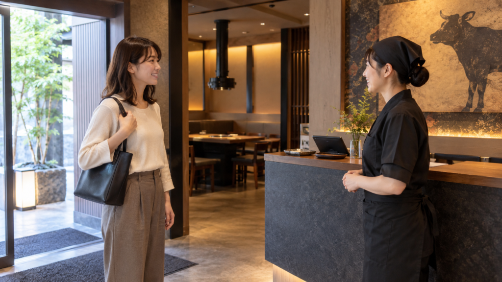 焼肉店の入口で店員に人数を伝える成人