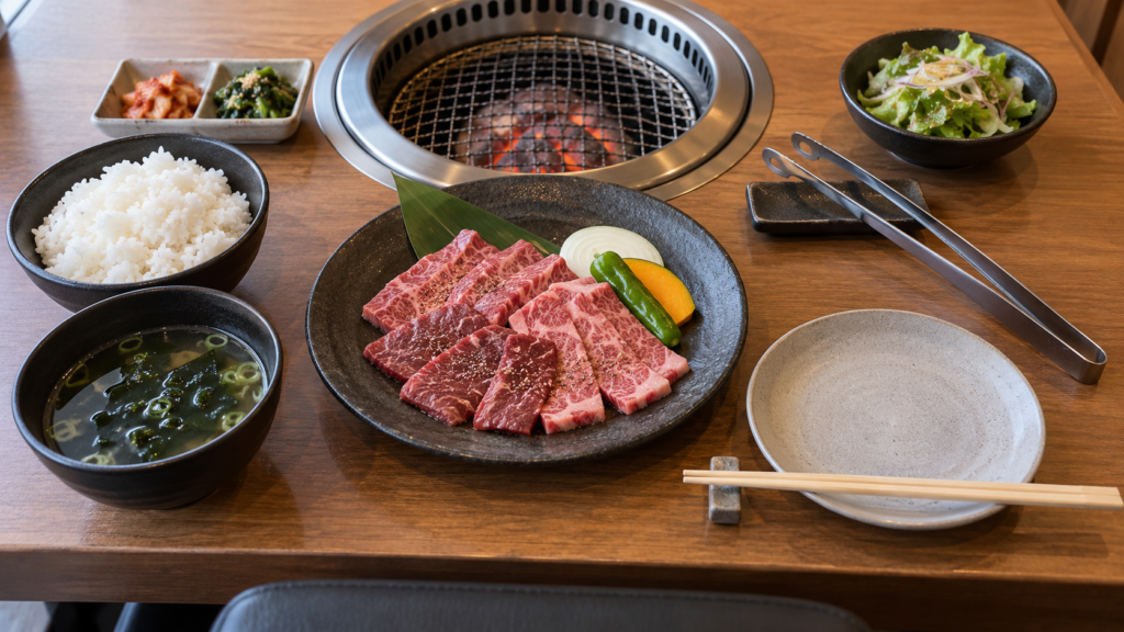 焼肉セットの肉とご飯を別の器に並べた様子