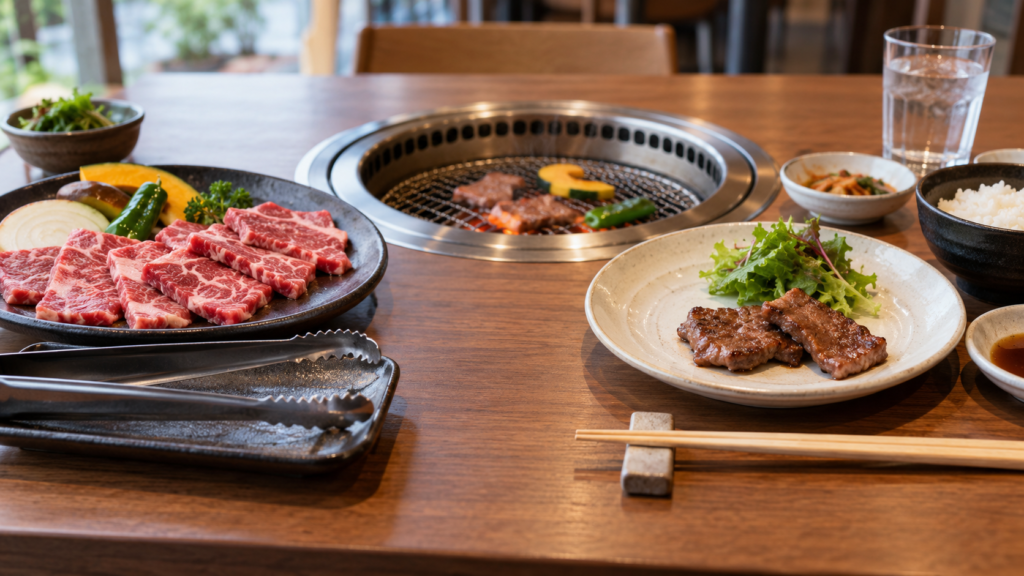 生肉用トングと食事用の箸を分けた卓上