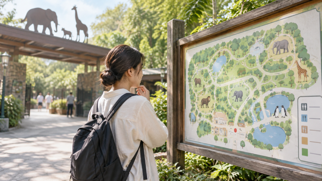 動物園の案内地図を確認する一人の来園者