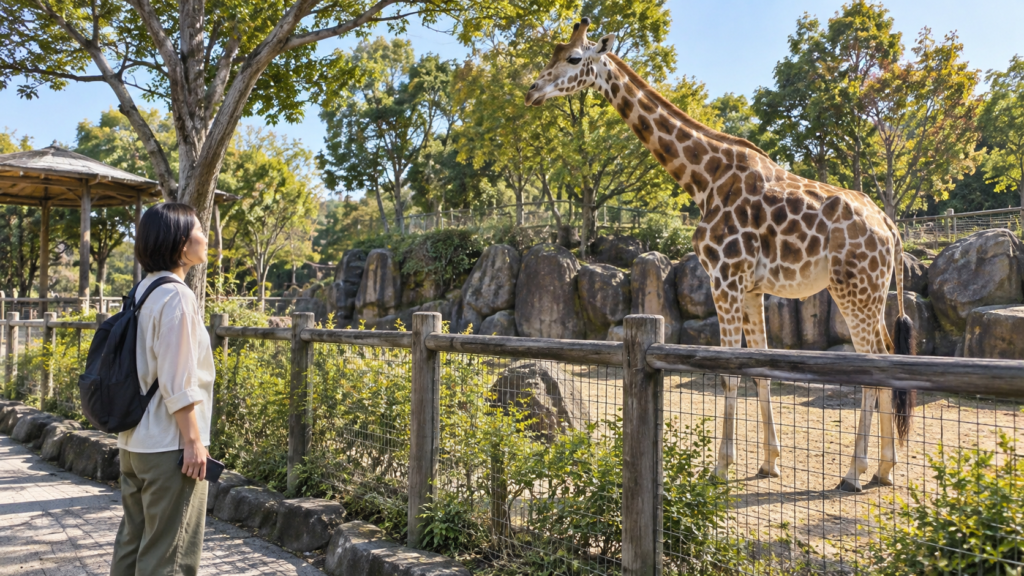 柵の外からキリンの全身を静かに観察する来園者