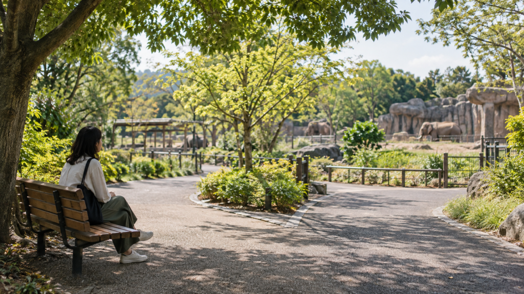 動物展示と木陰の休憩場所をつなぐ園路