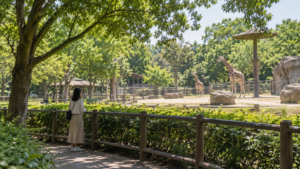 緑の多い動物園で一人でキリンを眺める来園者
