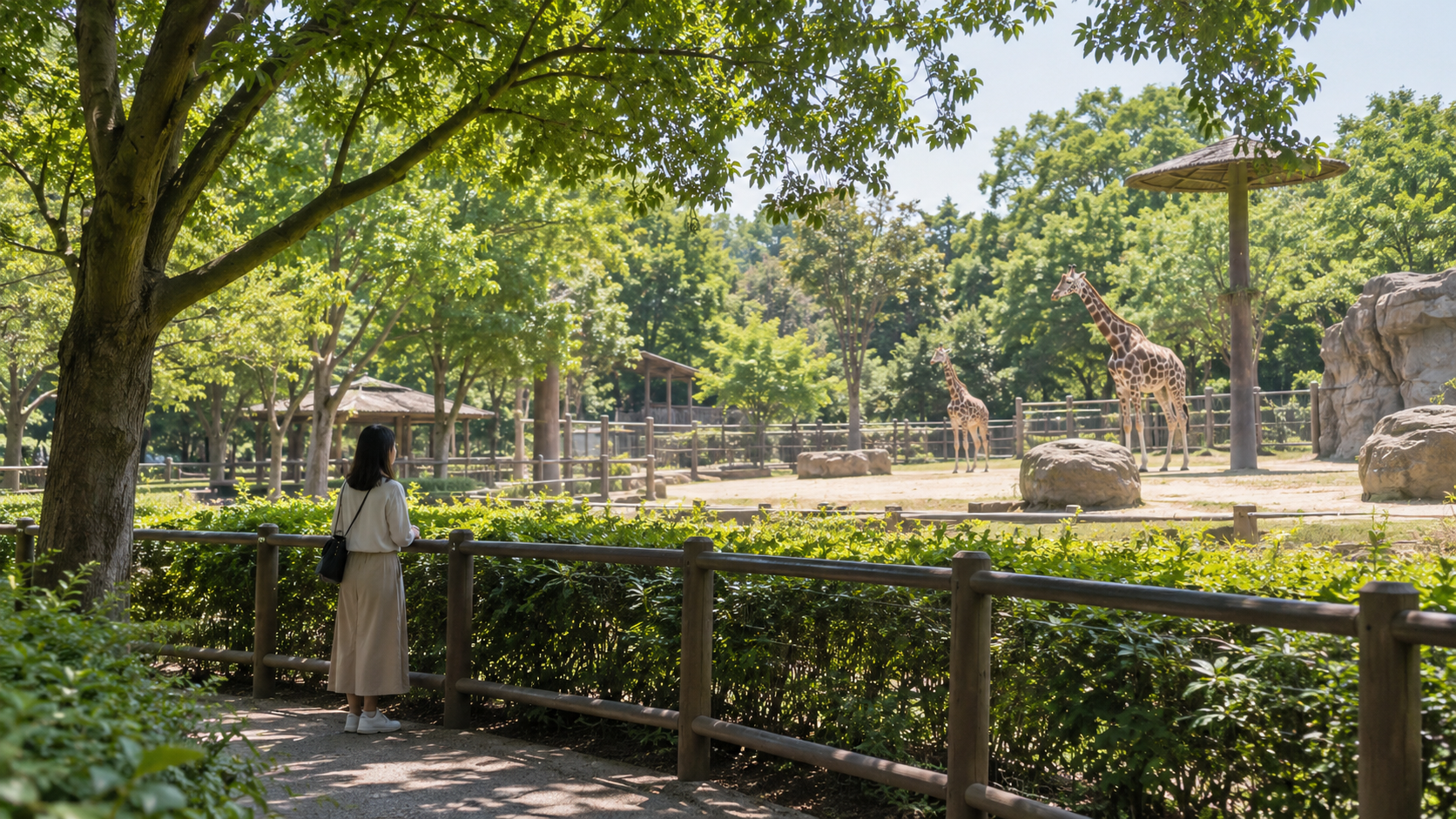緑の多い動物園で一人でキリンを眺める来園者