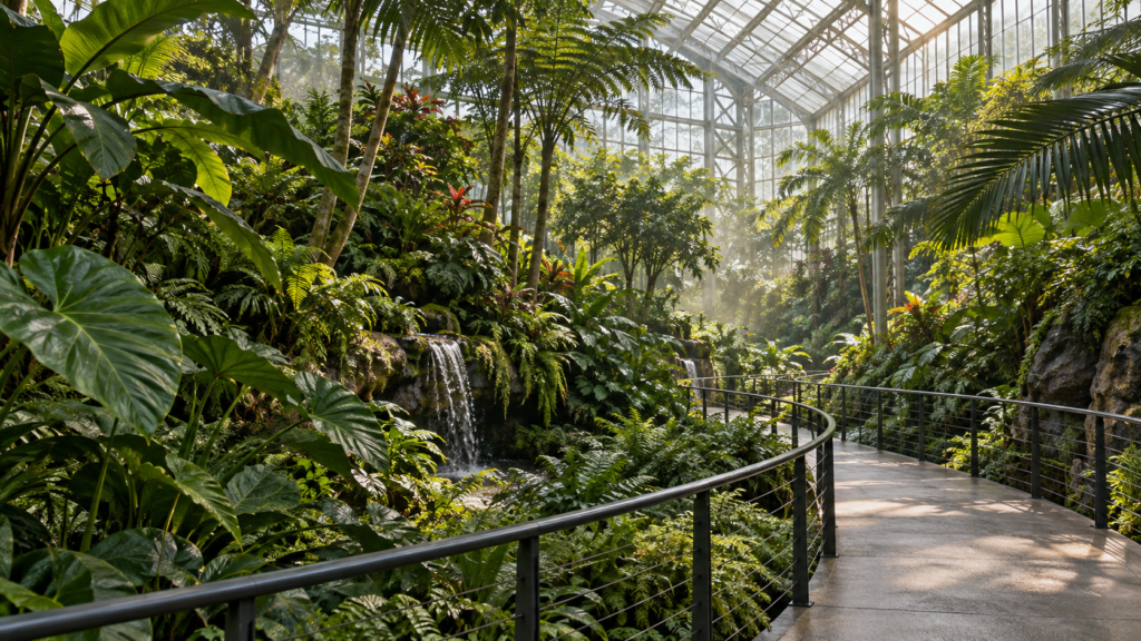 ガラス温室の園路と葉が重なる植栽のイメージ
