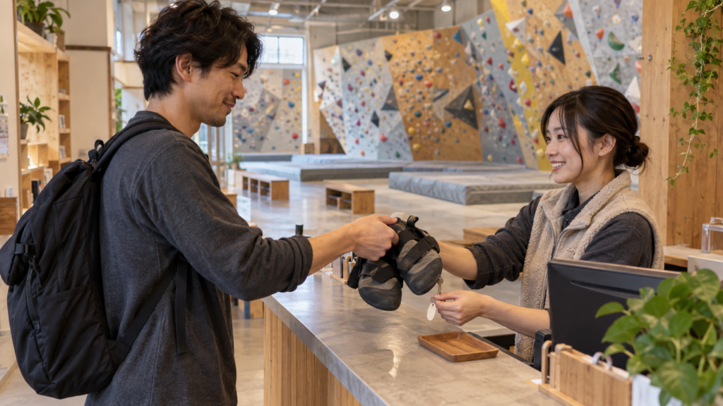 受付でレンタルのクライミングシューズと鍵を返却する成人